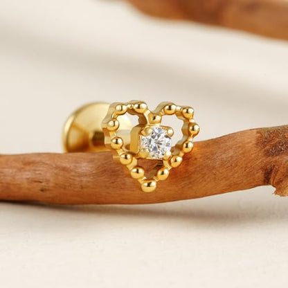 Hollow Heart Piercing Jewelry Collection - ASTM F136 Titanium Internally Threaded Flat Back Stud for Cartilage, Helix, Conch - color: Beaded heart - Gold