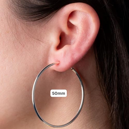 Clip On Spring Hoop Earrings for Non-Pierced Ears - color: Bright Silver-Tone, size: 50mm