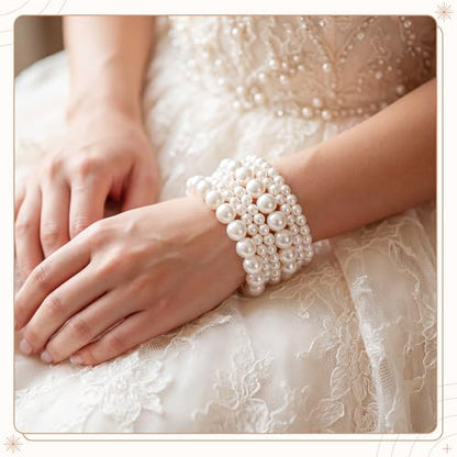12 Pcs Pearl Bracelets for Women Faux Pearl Bracelet Stackable Boho Jewelry for Daily Wear Bridesmaid Bridal Wedding
