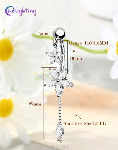 Melighting 14G Lotus Belly Button Ring Dangle Navel Ring Surgical Steel | 316L Reverse Belly Piercing Jewelry AAA Cubic Zircon, 10 mm Silver Gold Double Flower Barbell Bar Body Jewellery for Women - color: Steel Lotus