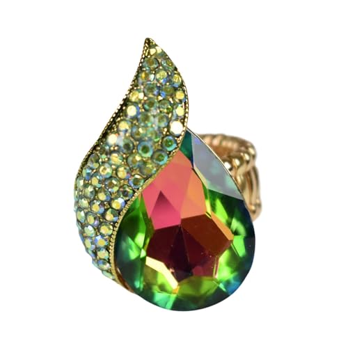 NYFASHION101 Radiant Teardrop Stone Adjustable Cocktail Statement Ring - color: Curvy Green Tint Aurora Borealis/Gold-Tone