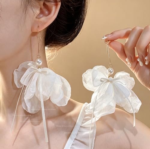 White Tulle Flower Pearl Drop Earrings - Long Lightweight Floral Dangle Earrings with Bow Ribbon, Hypoallergenic Gold Hook Earrings for Women, Fairy Aesthetic Bridal Wedding Statement Earrings Jewelry
