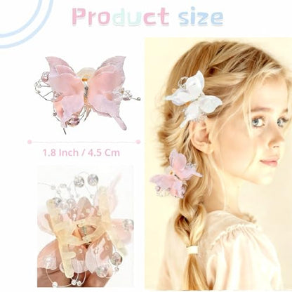 4PCS Butterfly Hair Clips,2" Small Tulle Mesh Butterfly Hair Bows for Girls, Toddlers & Kids- Pearl Decorated hair claw clips，Girls Hair Accessories for Party Birthday Wedding(Pink,White)