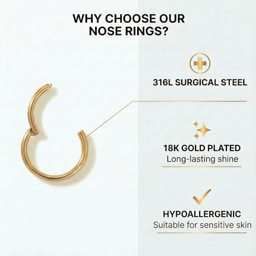6Pairs Nose Rings Hoops - 316L Surgical Steel Hinged Nose Hoops 16G/18G/20G Clicker Septum Nose Ring Lip Helix Cartilage Hoop Earring Daith Rook Conch Body Piercing Jewelry for Women Men 6mm 7mm 8mm 9mm 10mm 12mm - color: Gold, size: 16 gauge(1.2mm)