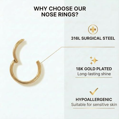 6Pairs Nose Rings Hoops - 316L Surgical Steel Hinged Nose Hoops 16G/18G/20G Clicker Septum Nose Ring Lip Helix Cartilage Hoop Earring Daith Rook Conch Body Piercing Jewelry for Women Men 6mm 7mm 8mm 9mm 10mm 12mm - color: Gold, size: 16 gauge(1.2mm)