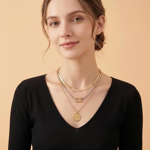 3 Pcs Layered Necklaces for Women, Stackable Statement Jewelry | Trendy stackable jewelry set! 3 separate lightweight chains. Perfect statement gift for women to elevate any daily outfits. - color: Silver Gold (Coin Stack)