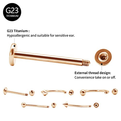 BLISI G23 Solid Titanium Eyebrow Piercing Jewelry, Gold Black Rose Gold Silver Pink Rainbow Eyebrow Rings 16G Curved Barbell,Tiny Vertical Labret Lip Jewelry Rook Piercing Jewelry for Women and Men - color: Rose Gold 2