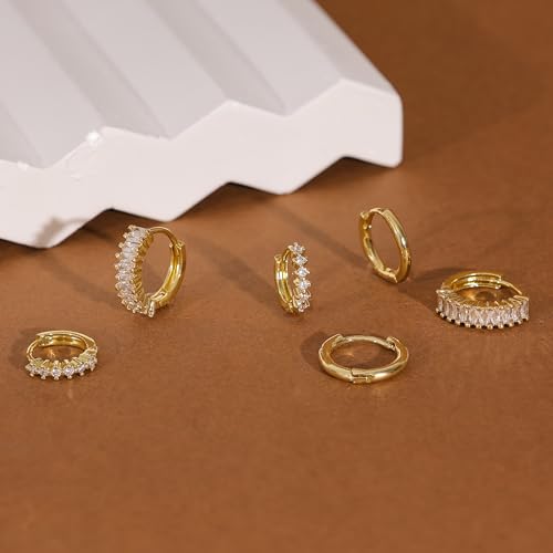 CZ Huggie Earrings for Women, Dainty Gold Earring Stacks 14K Gold Plated Small Huggie Hoop Earrings for Women Trendy Hypoallergenic Cute Unique Gold Earrings Set Fashion Gold Womens Jewelry - color: Gold-set1