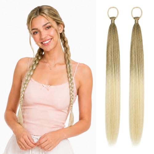 Ombre Blonde Ponytail Extension with Hair Tie DIY Braided Ponytail Extension for Woman 2 PCS Warp Around Yaki Straight Sleek Hairpieces Light and Soft Fluffy Stayle Ponytail for Women Daily Party Use - color: Ombre Mixed Blonde