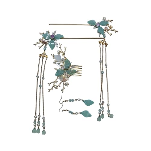 Hanfu Hair Accessories Set Green Butterfly Tassel Chinese Vintage HairStick | Hair Sticks, Butterfly Tassel Hairpin Comb, Earrings Kit, Rhinestone Pearl, Wedding Bridal Cosplay Daily Wear