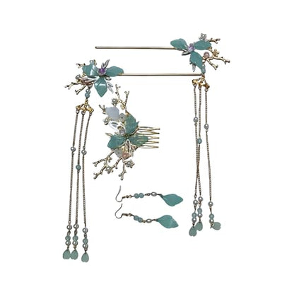 Hanfu Hair Accessories Set Green Butterfly Tassel Chinese Vintage HairStick | Hair Sticks, Butterfly Tassel Hairpin Comb, Earrings Kit, Rhinestone Pearl, Wedding Bridal Cosplay Daily Wear