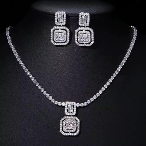 Cubic Zirconia Double Halo Pendant Necklace and Drop Earrings Jewelry Set, Silver-Tone, Baguette Cut
