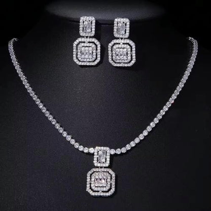 Cubic Zirconia Double Halo Pendant Necklace and Drop Earrings Jewelry Set, Silver-Tone, Baguette Cut