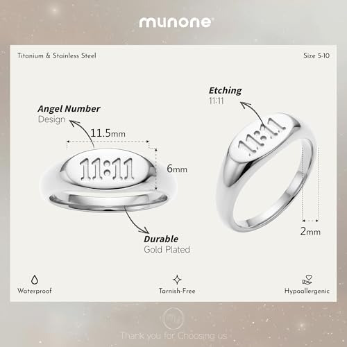 6mm 1111 Angel Number Signet Rings for Women Men | 18K Gold Plated Hypoallergenic Statement Ring,Sync with the Universe Spiritual Statement - color: Silver