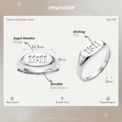 6mm 1111 Angel Number Signet Rings for Women Men | 18K Gold Plated Hypoallergenic Statement Ring,Sync with the Universe Spiritual Statement - color: Silver