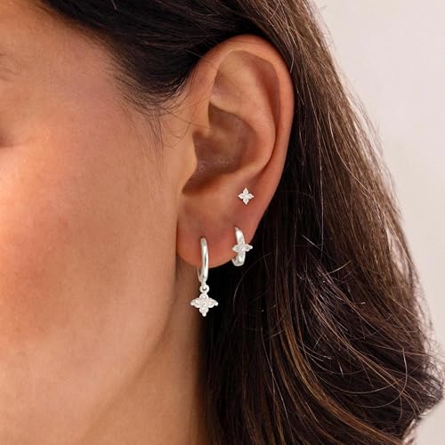 3 Pairs Earring Stacks, Gold Earring Set Jewelry Gift for Women | Small, 14K Gold/White Gold/Black/Rose Gold Plated, Hypoallergenic, Her, Everday, Stackable, Simple, 3 Holes - color: Silver-Clover