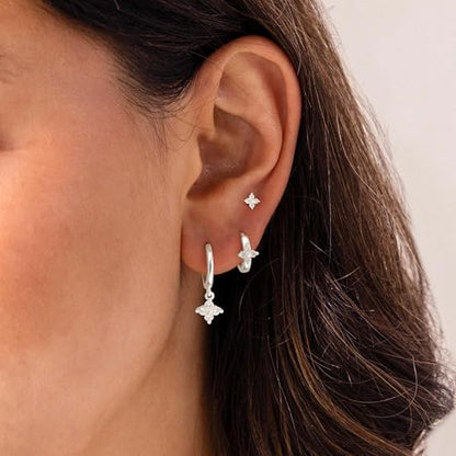 3 Pairs Earring Stacks, Gold Earring Set Jewelry Gift for Women | Small, 14K Gold/White Gold/Black/Rose Gold Plated, Hypoallergenic, Her, Everday, Stackable, Simple, 3 Holes - color: Silver-Clover