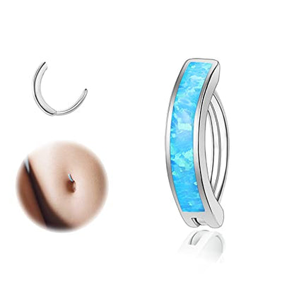 ZS 14G Clicker Belly Button Rings for Women, 925 Sterling Silver Opal Belly Barbell Piercing Reverse Curved Navel Barbell Body Jewelry - color: Blue Opal:16G,8mm