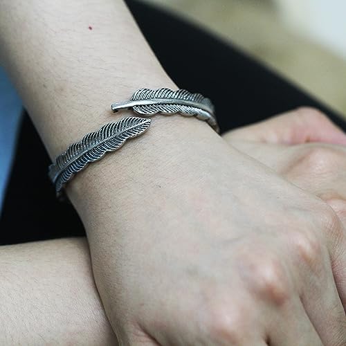 Innocence S925 Silver-Plated Antique Wide Feather Cuff Bracelet For Men Women Adjustable Retro Twisted Feathers Bracelets Gift Jewelry - color: Feather B