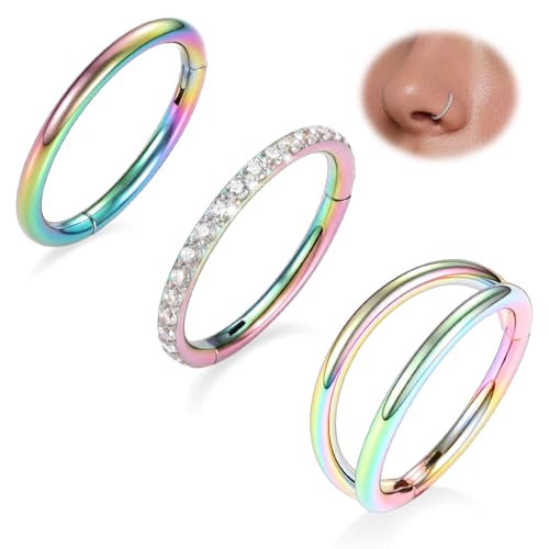FUNLMO 3Pcs Nose Rings Double Hoop Nose Ring Conch Daith Tragus Helix Rook Piercing Jewelry Surgical Steel Cartilage Earring Conch Hoop Earring Septum Jewelry Lip Ring - color: Style 1: Rainbow