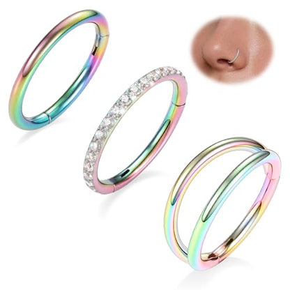 FUNLMO 3Pcs Nose Rings Double Hoop Nose Ring Conch Daith Tragus Helix Rook Piercing Jewelry Surgical Steel Cartilage Earring Conch Hoop Earring Septum Jewelry Lip Ring - color: Style 1: Rainbow