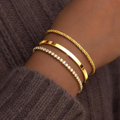 925 Sterling Silver Bracelets for Women Stack, Trendy Tennis Bangle Cuff Jewelry Set 14K Gold Plated, Adjustable Bracelet Set for Wrist Essentials, Women Fashion Watch Band Acecessories - style: Bracelet_3pcs(Dainty Tennis Set)