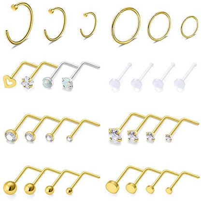 SCERRING 18G Stainless Steel L-Shaped Nose Stud Rings Tragus Lip Hoop Piercing Jewelry 1.5-3mm Clear CZ 8-30PCS - color: 30PCS - Gold
