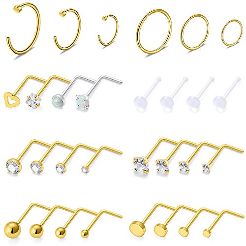 SCERRING 18G Stainless Steel L-Shaped Nose Stud Rings Tragus Lip Hoop Piercing Jewelry 1.5-3mm Clear CZ 8-30PCS - color: 30PCS - Gold