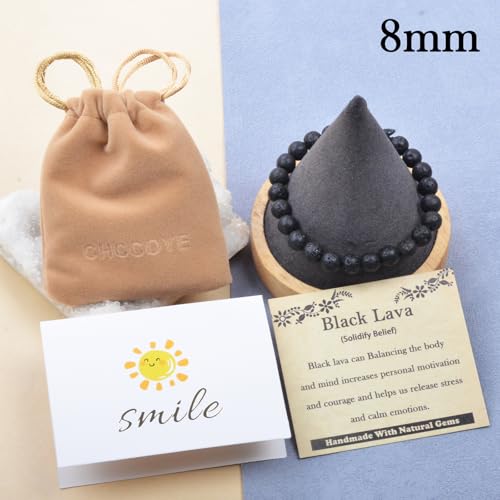 468Handmade Adjustable Natural Gemstone Crystal Bracelet Healing Power Energy Inspirational Gifts with Card for Unisex - color: 06-Black Lava(Solidify Belief), size: 8mm