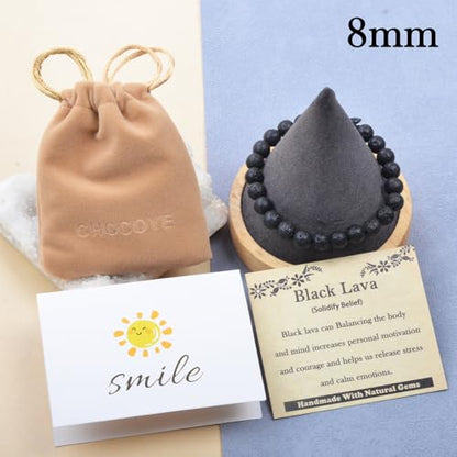 468Handmade Adjustable Natural Gemstone Crystal Bracelet Healing Power Energy Inspirational Gifts with Card for Unisex - color: 06-Black Lava(Solidify Belief), size: 8mm