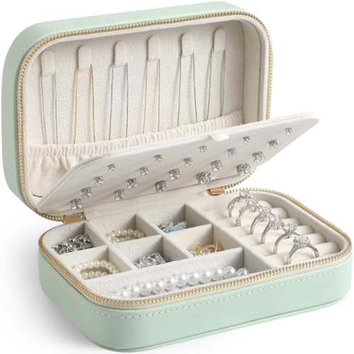 Genuine Leather Travel Jewelry Organizer Case for Women, Small Mini Portable Jewelry Box for Ring Earrings Necklace Bracelet Luxury Gift for Women Green - color: Green