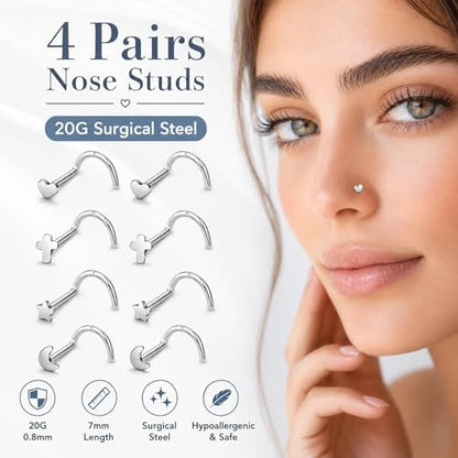 20G Nose Rings for Women, L Shaped Nostril Piercing Studs | 316L Stainless Steel, 0.8 mm×7 mm, 2 mm CZ or 3-4 mm Heart, Star, Moon and Cross, Gold-Tone or Silver-tone, Daily Wear - style: Moonlight Silver