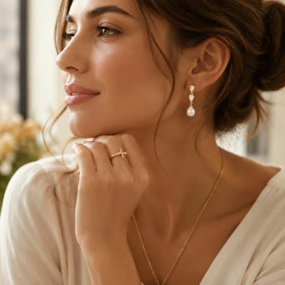 Pearl Earrings for Women, 14k Gold Plated Trendy Diamond Pearl Drop Earrings Hypoallergenic Dainty Bridal Gifts Wedding jewelry for Women - color: Gold-Pearl Style B