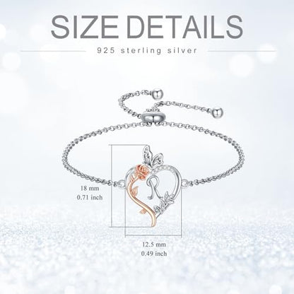 TOUPOP Gifts for Women Rose Heart Initial Bracelet 925 Sterling Silver Butterfly Letter Link Bracelet Love Jewelry Anniversary Birthday Gifts for Wife Girlfriend Mom Her - style: Initial R