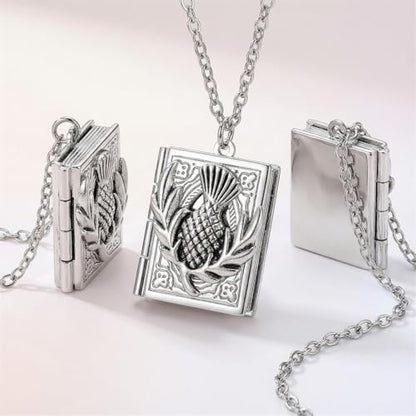Photo Book Locket Necklace for Women Charm Choker Pendants that Holds Pictures Memorial Jewelry - color: Scottish Thistle