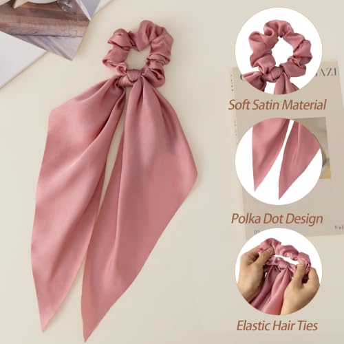 6 PCS Scrunchies with Bow, Silky Satin Bow Hair Ties | Hair Scarf Scrunchies for Women Girls, Knotted Bows Silk Hair Ties, Satin Hair Ribbon Elastic Hair Tie, Long - color: Red&Black