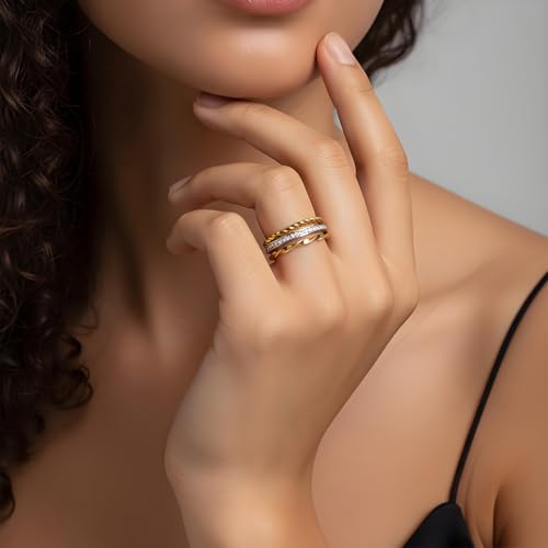 Stackable Rings for Women Non Tarnish Gold Silver Mixed Metal Wedding Band Set Gold Plated Stainless Steel with Cubic Zirconia Dainty Statement Thumb Ring Gift for Christmas Birthday Anniversary Jewelry - style: Radiant Triple Band Ring