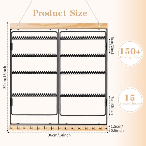 Hanging Jewelry Organizer 4-Tier Wall Earring Holder for Necklaces, Rings | Natural wood & solid metal wall jewelry rack , Dual earring grid slots & bottom hooks store earrings, bracelets