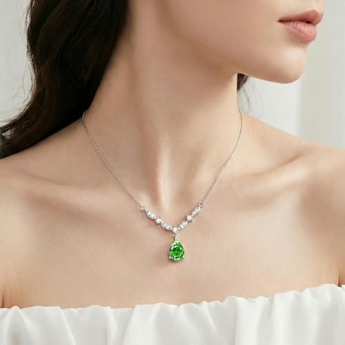 Platinum Plated Cubic Zirconia Teardrop Pendant Necklace Dangle Earrings Set, Silver Jewelry Set for Women,Wedding Jewelry Set for Bride,Bridesmaid Jewelry Gift, Gift for Valentine's Day, Birthday - color: Green