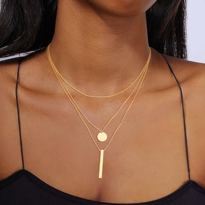14K Gold Silver Plated Layered Necklaces for Women Trendy | Necklaces for Women Trendy, Stackable Dainty Chain Necklace, Beach Cute Fashion Pendant Choker Necklace, Jewelry Set Gifts - color: 3PCS / Satellite & Coin & Bar