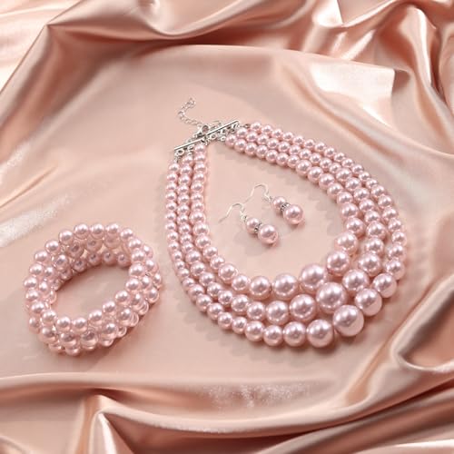 Haysandy Pearl Jewelry Set for Women 20s Jewelry Gift | Retro Layered Necklace Bracelet Earring, Costume Accessories for Derby Wedding Prom Party, Dress Matching Occasions - color: Light Pink