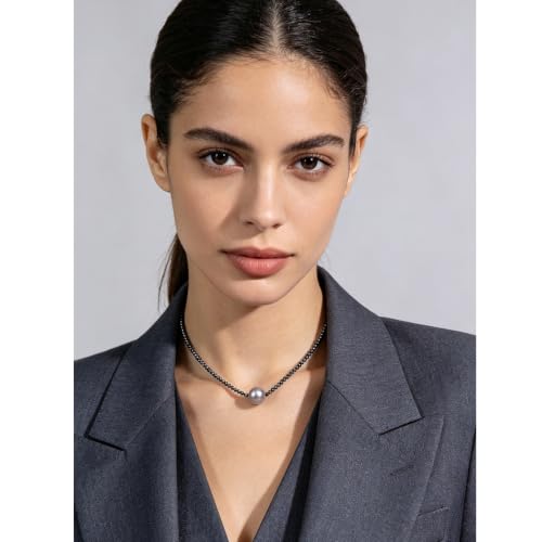 Single Pearl Choker Pendant Necklaces for Women, Natural Gemstone Womens Black Stone Beaded Choker Necklace, Dainty Round Freshwater Pearl Handmade Jewelry Gift Women Birthday Bridesmaids Anniversary 16 18 inch - color: 04-grey, size: 18"