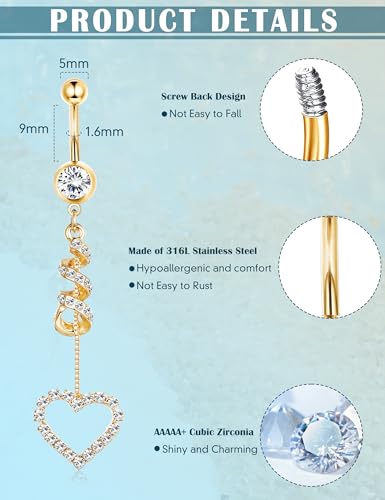 LOLIAS 7 Pcs Surgical Steel Dangle Belly Button Ring Piercing for Women | Hypoallergenic Long Belly Rings Gold Silver 14G Navel Button Piercing CZ Flower Heart Curved Navel Piercing Jewelry - color: C:Gold-tone