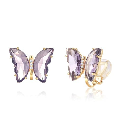 YOQUCOL Butterfly Shape Crystal Clip On Earrings Non Pierced Golden Stud for Women - color: Dark Purple