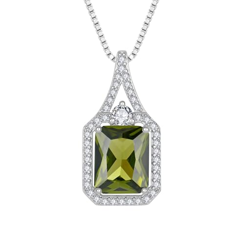 Created Gemstone Necklace 925 Sterling Silver Halo Rectangular Pendant Birthstone Necklaces Jewelry Gifts for Women - color: 08 August - Peridot
