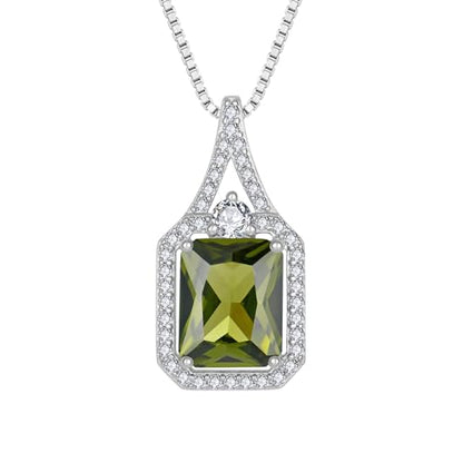 Created Gemstone Necklace 925 Sterling Silver Halo Rectangular Pendant Birthstone Necklaces Jewelry Gifts for Women - color: 08 August - Peridot