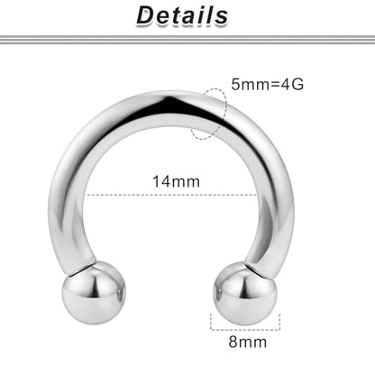 00G 0G 2G 4G 6G 8G 10G 12G 14G 16G Septum Rings Silver Black Surgical Steel Heavy Gauges Earrings Stretching kit Eyebrow Lip Septm Nose Rings Helix Tragus Daith Rook Earrings Hoops 10mm-19mm - color: Silver, size: 4G(5.0mm)-Inner Dia:14mm