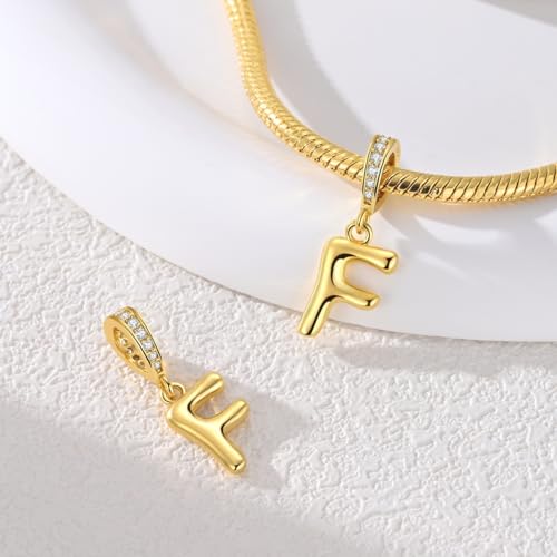 Hapour Gold Initial Letter Charms 925 Sterling Silver Alphabet Beads | 14K Gold Plated, A-Z Letter Charms, For Bracelets Necklace, Cubic Zirconia, DIY Dangle Pendant Beads, For Women Mom - color: Golden initial letter F