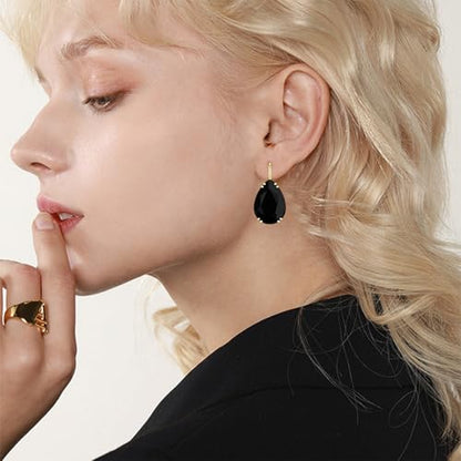 14K Gold Teardrop Crystal Leverback Earrings Sparkly Rhinestone Water Droplet Dangle Drop Earrings For Women - color: Black
