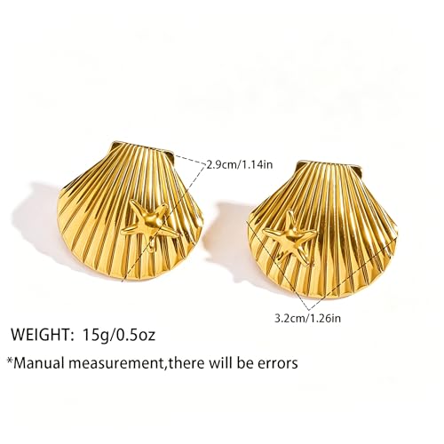Gold Statement Earrings For Women, 14K Gold Plated Textured Geometric Drop Earrings - Hypoallergenic Stainless Steel Statement Earrings for Women, Waterproof Fan-Shaped Dangle Earrings for Beach & Daily Wear - color: Starfish seashell DKE252019GL